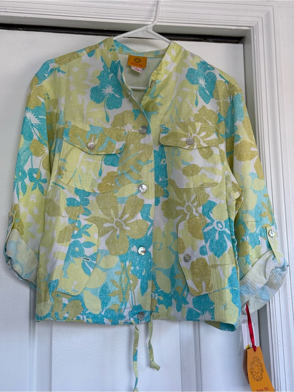 Ruby Rd. Floral Button-Front Jacket in Aqua and Lime